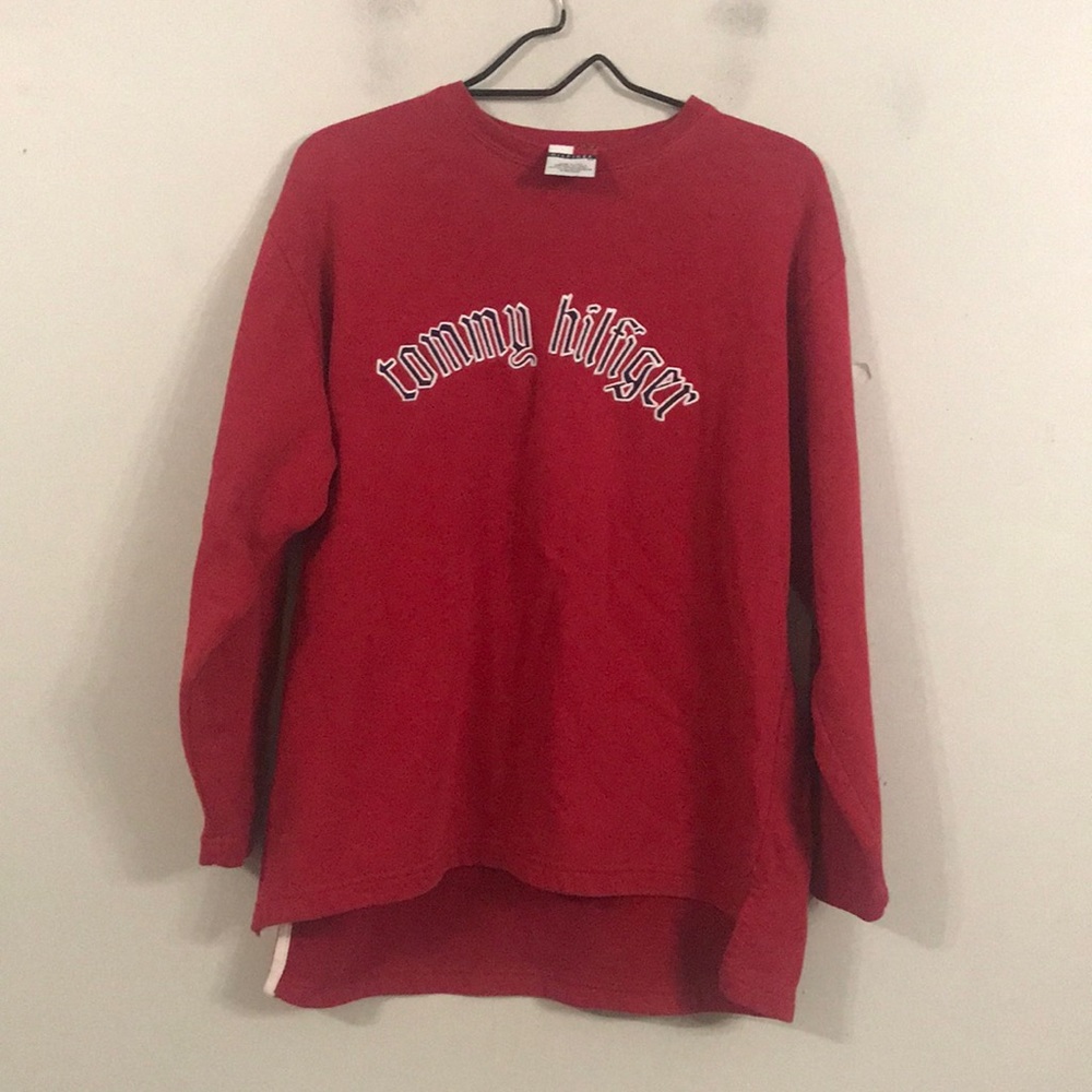 Red long sleeved mens Tommy Hilfiger Shirt high low hem embroidered logo medium